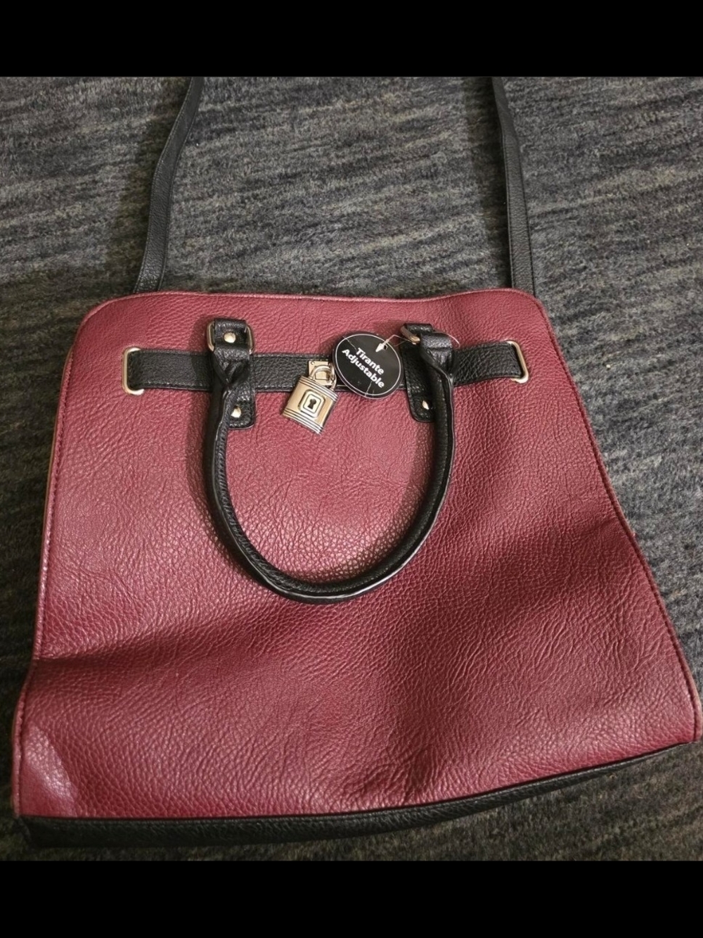Women’s Burgundy Shoulder Bag with Black Trim and Gold Lock Accent